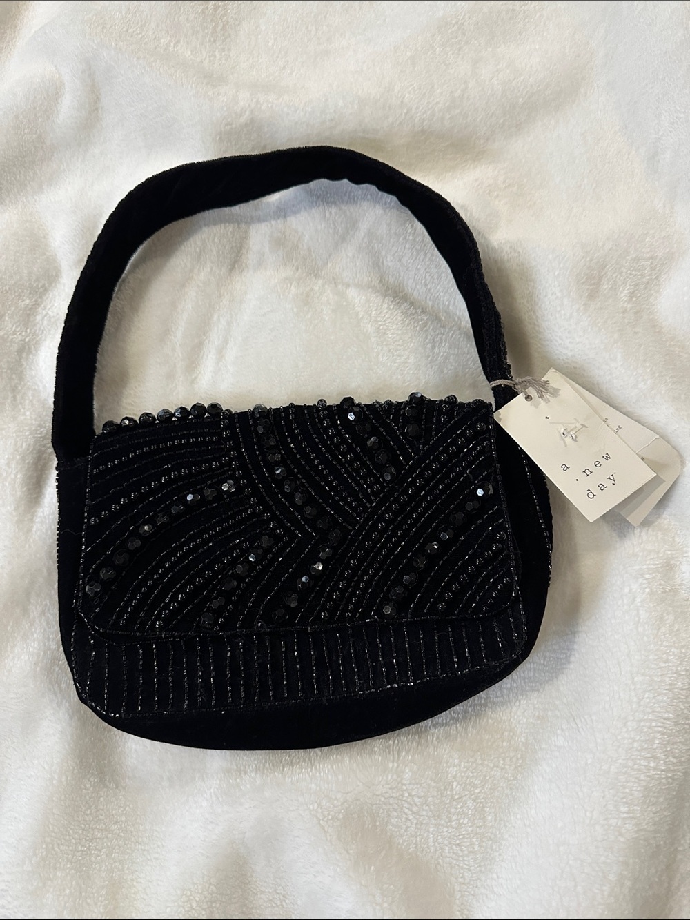 A NEW DAY Black Beaded Velvet Handbag 7”x 10” Feminine Boho Sparkly Fun Festival